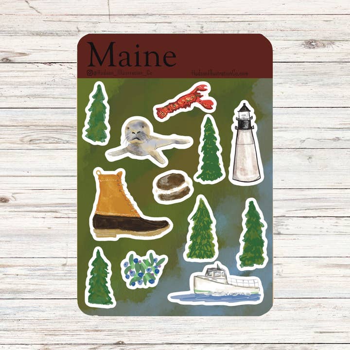 Foglio adesivo con icone dello stato del Maine per la vendita all'ingrosso da parte di Hudson Illustration Co - About Town Co