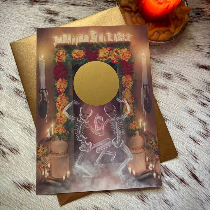 Dancing Skeletons Halloween Fortune Scratch-off Art Card for wholesale by Moth and Candle