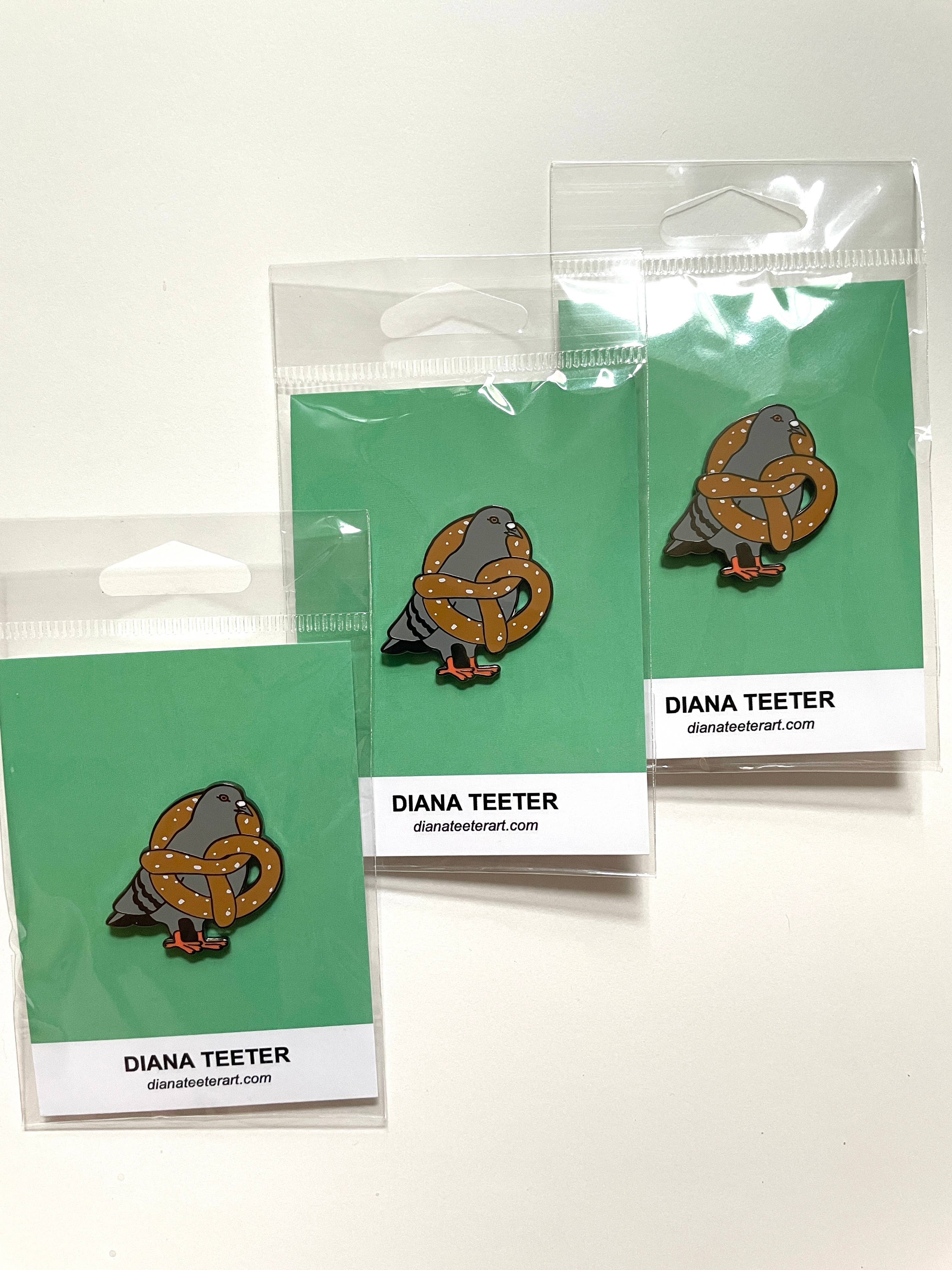 Diana Teeter Art - Wholesale Lapel Pin/Button - Pretzel Pigeon Enamel Pin  1