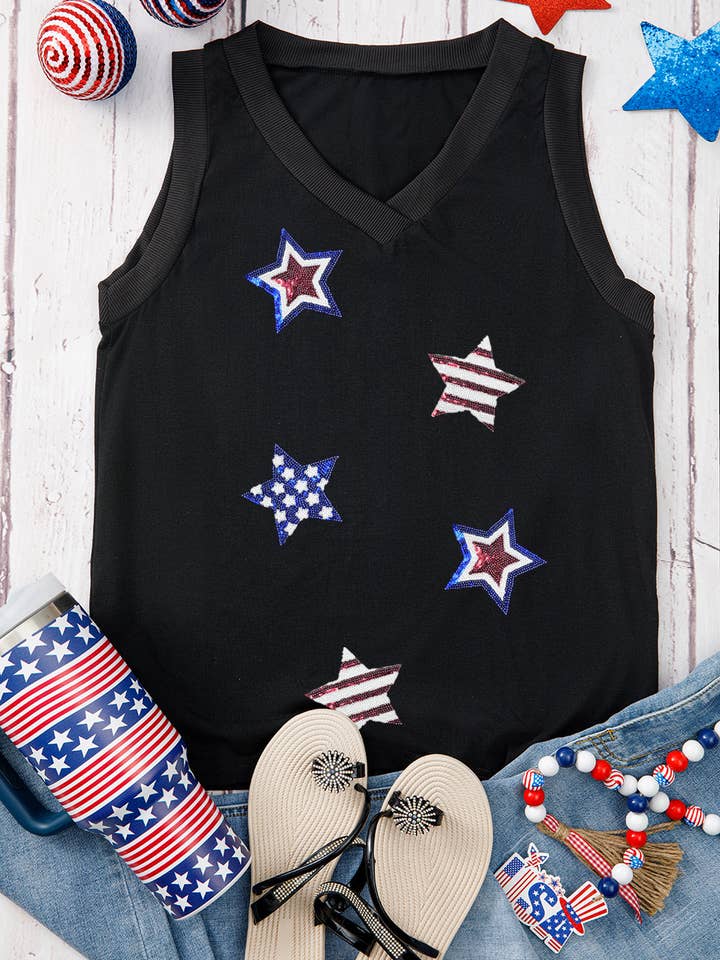 Black July 4th Sequin Star Patched V Neck Tank Top for wholesale on Faire