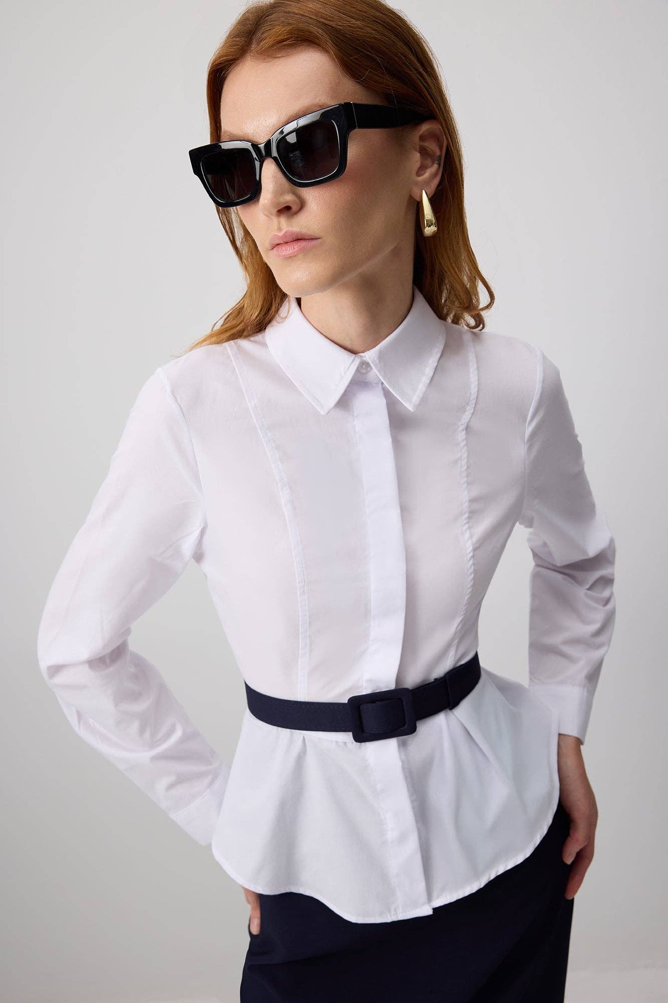 Navy Blue Belted White Poplin Shirt Dress with Pleated Hem  for wholesale on Faire3