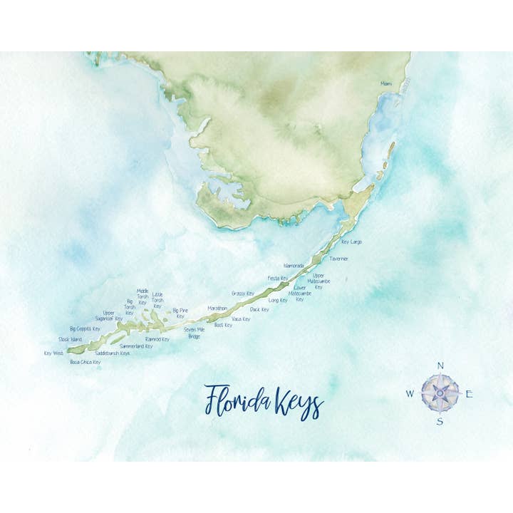 Florida Keys FL Hand-painted Watercolor Map - Art Print for wholesale by Molly Joseph Fine Art