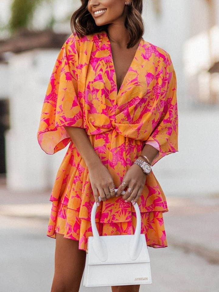 HIDDENBRAND - Wholesale Dress - Women's - V-Neck Print Waist Cinched Dolman Sleeve Dress
