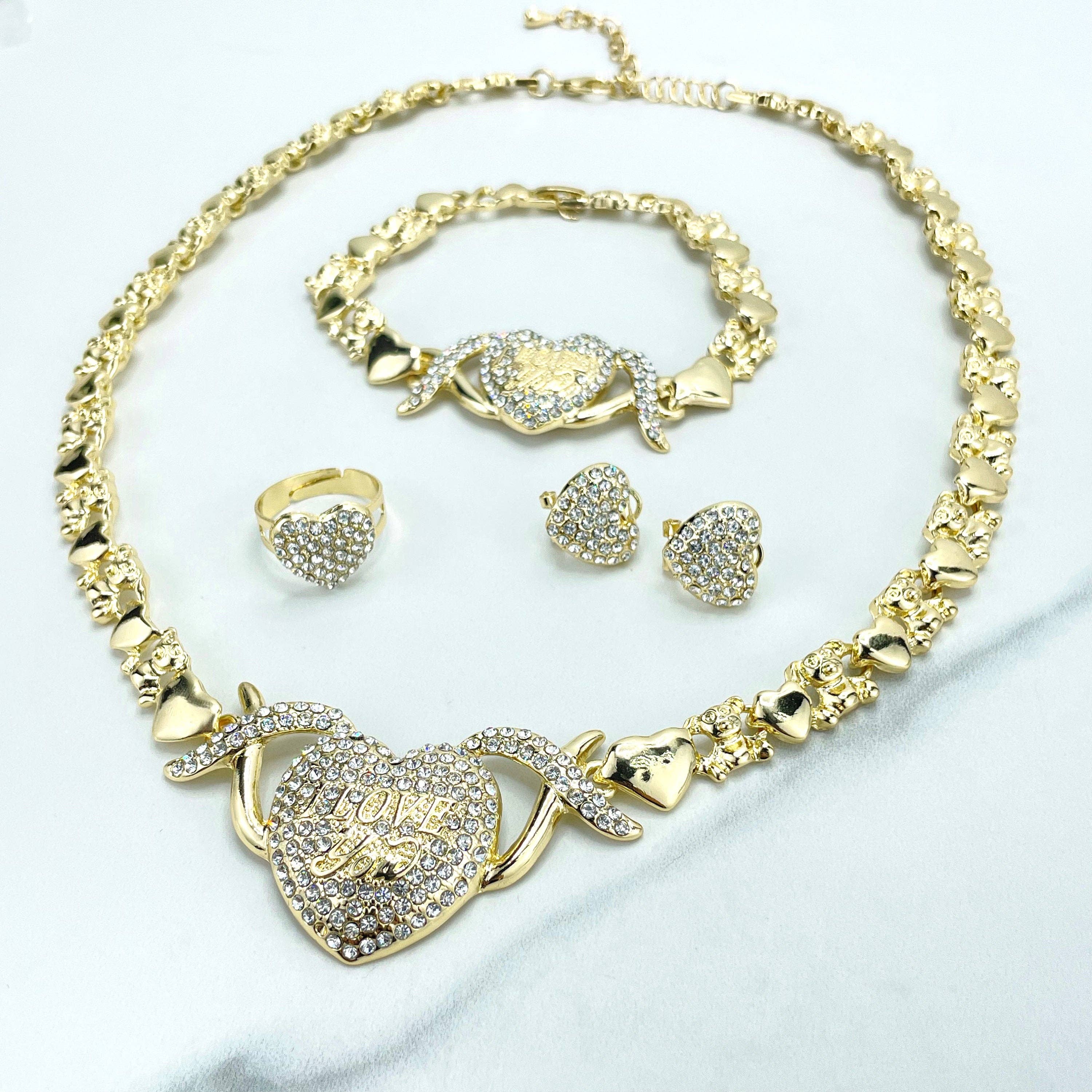 DIJU Jewelry – wholesale Jewellery set – 18k Gold Filled "I Love You" CZ Heart Charms, XoXo and Teddy Bear Linked Chain Set, Necklace, Bracelet, Earrings & Ring, Wholesale Jewelry1