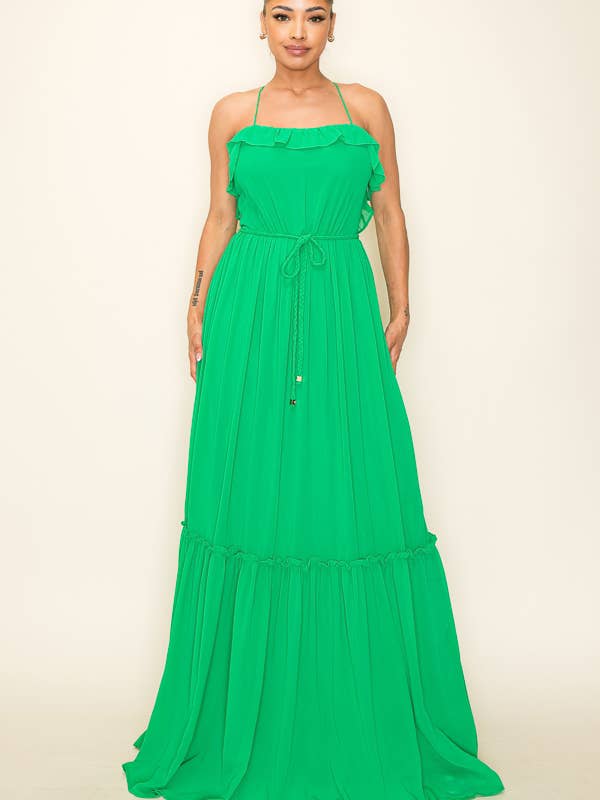 Chiffon Strap Ruffled Tie Waist Maxi Dress DM3257 for wholesale by Miss Avenue