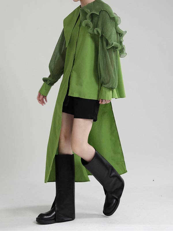 VividLux - Wholesale Blouse - Women's - Long Sleeves Loose Asymmetric Pleated Solid Color Split-Joint Falbala Lapel Blouses&Shirts Tops10