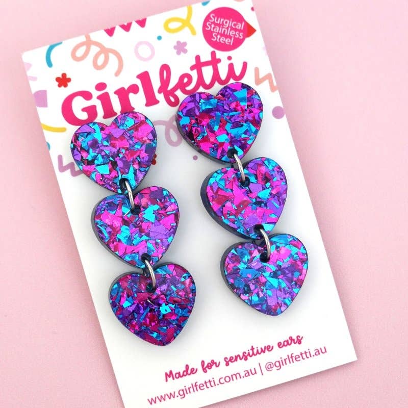 Girlfetti - Wholesale Dangle Earrings - Triple Heart Acrylic Dangle Earrings6