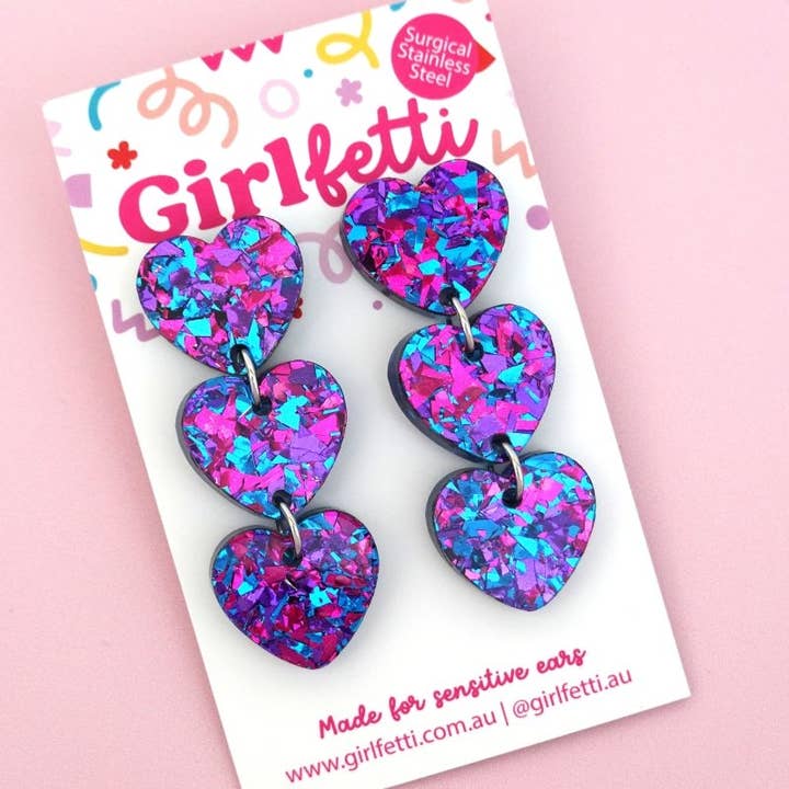 Girlfetti - Wholesale Dangle Earrings - Triple Heart Acrylic Dangle Earrings6