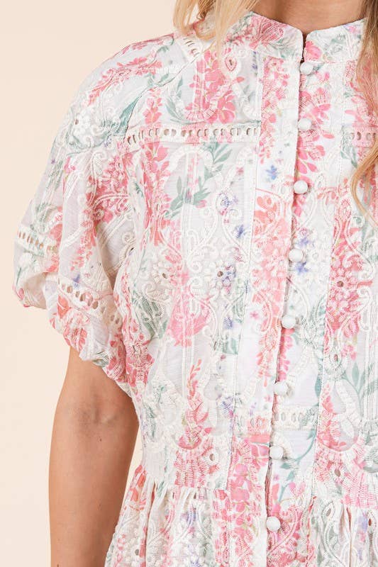 Pink Multi Floral Eyelet Lace Mini Shirt Dress, OD51255 for wholesale on Faire3