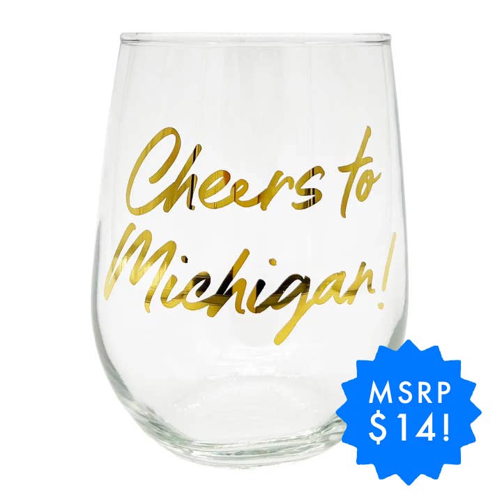 Cheers to Michigan Stemless Wine Glass for wholesale by City Bird