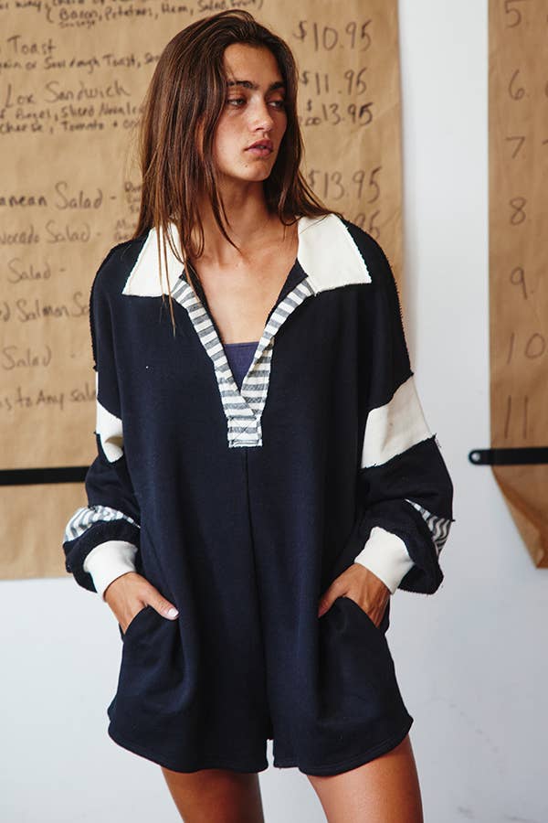 BUCKETLIST INC - Wholesale Romper - Women's - R5507A French Terry Color-block Collared Loose Fit Romper17