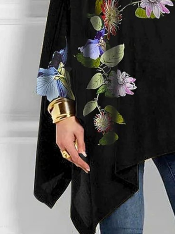 BLACK Floral High Neck Long Sleeve Tee for wholesale on Faire2