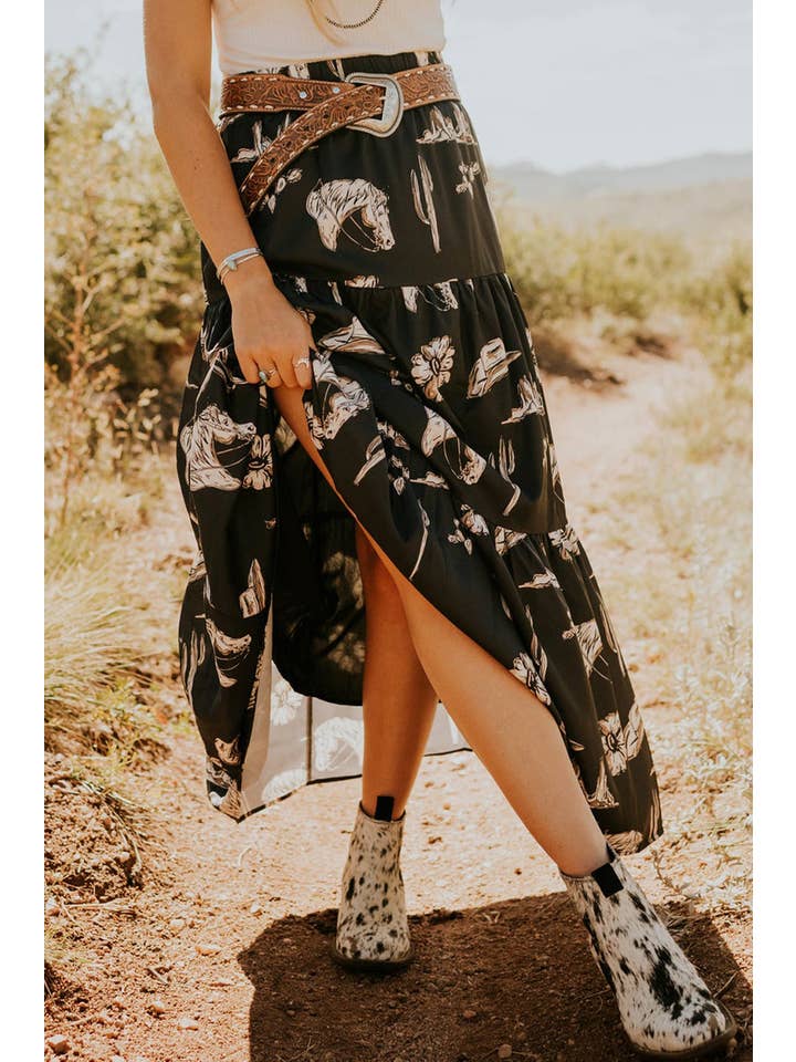 Black Western Ruffle Tiered Maxi Skirt for wholesale on Faire