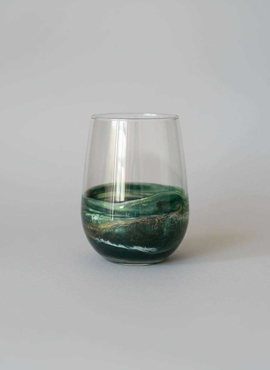 Artful Nests - Wholesale Wine Glass - Stemless Wine Glass - Holiday Green Glassware - Gift for Host Wine0