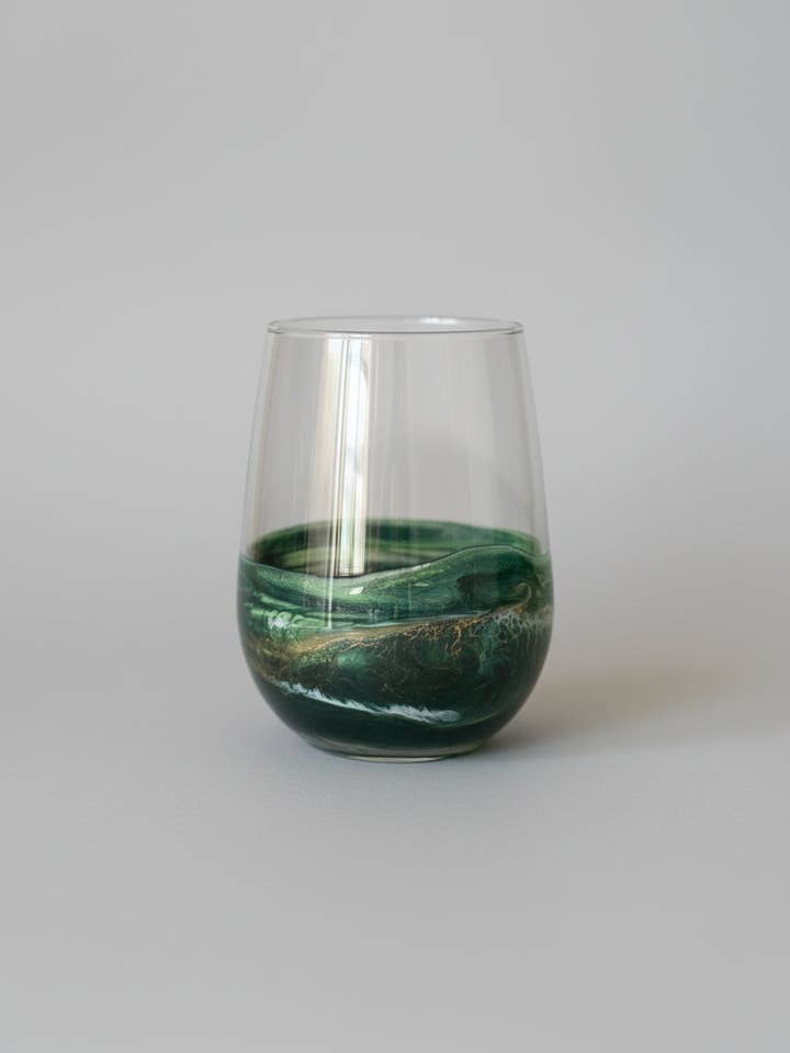 Stemless Wine Glass - Holiday Green Glassware - Gift for Host Wine for wholesale by Artful Nests