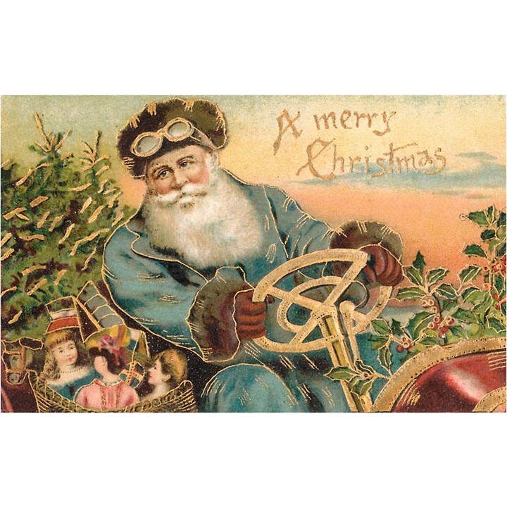 Found Image Press - Vente Cartes postales - Carte postale MC-04 Joyeux Noël, Père Noël conduisant une vieille voiture