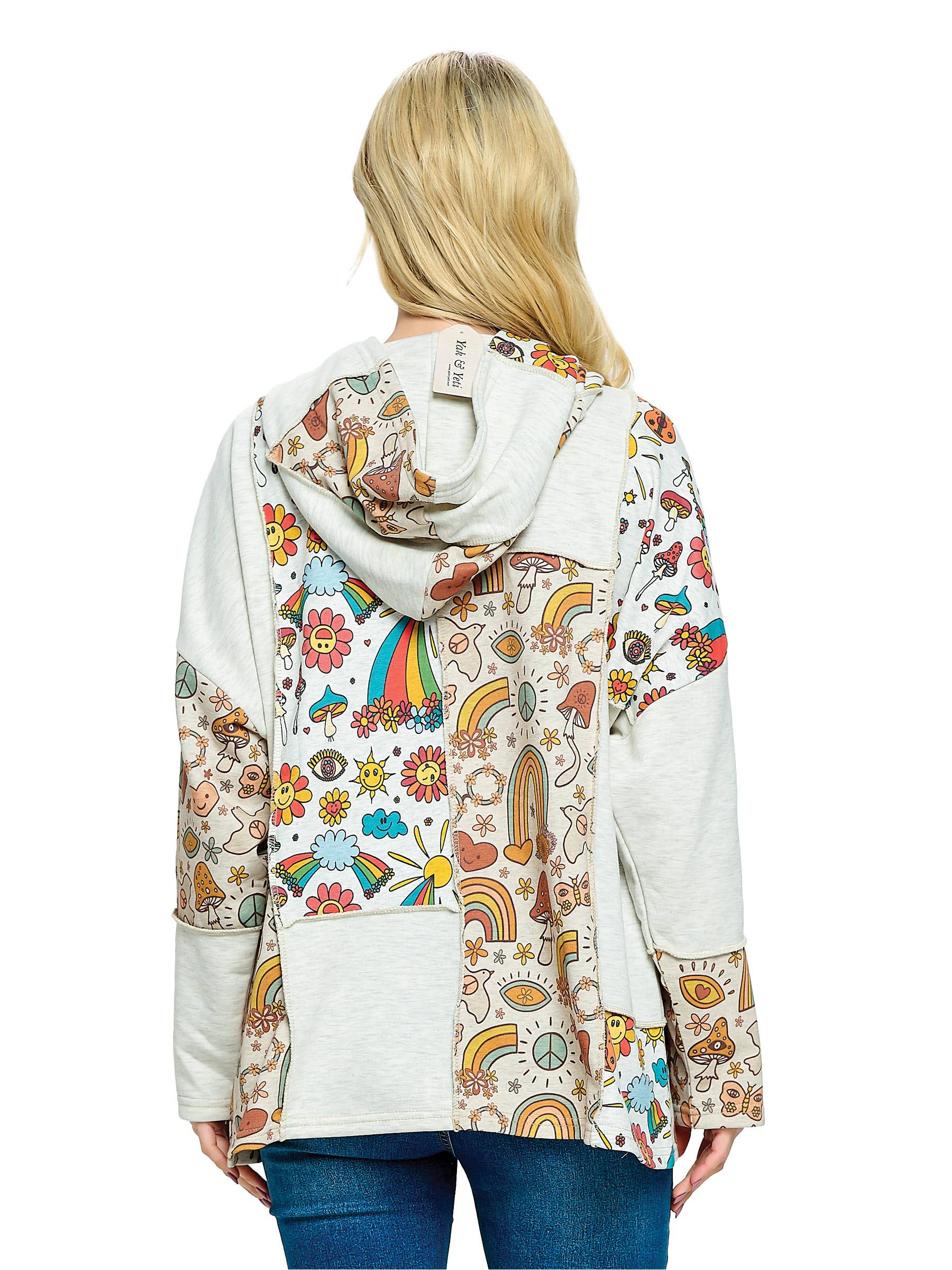 L Gray Zip-up Hoodie Patchwork Whimsical Mushroom Rainbow Print for wholesale on Faire1