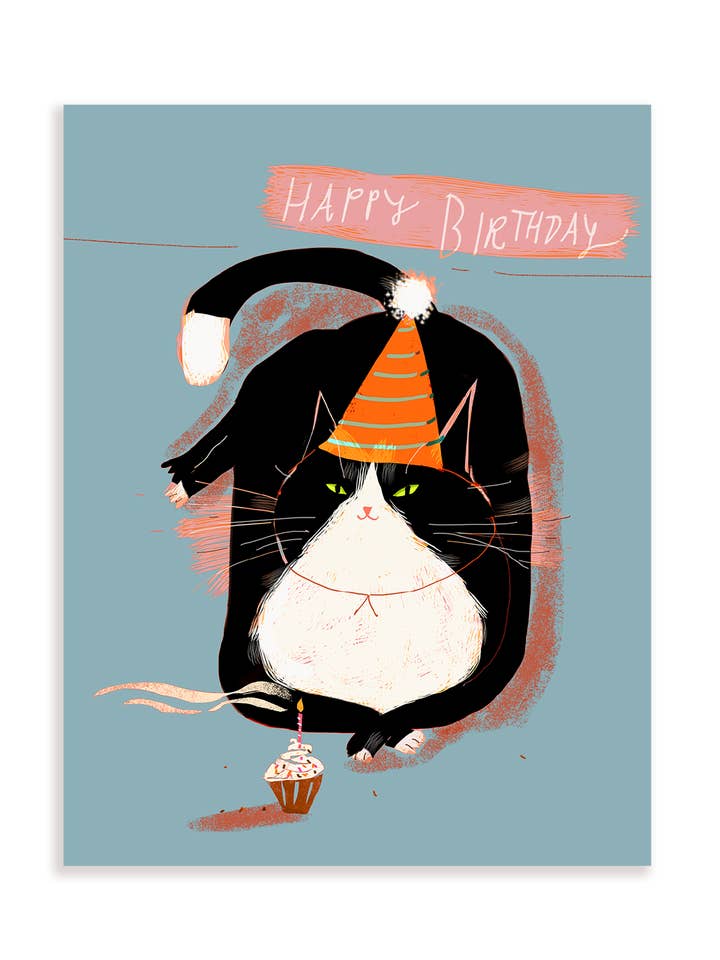 Geburtstagskarte mit Cupcake-Katze, Blau für den Großhandel von The Dancing Cat