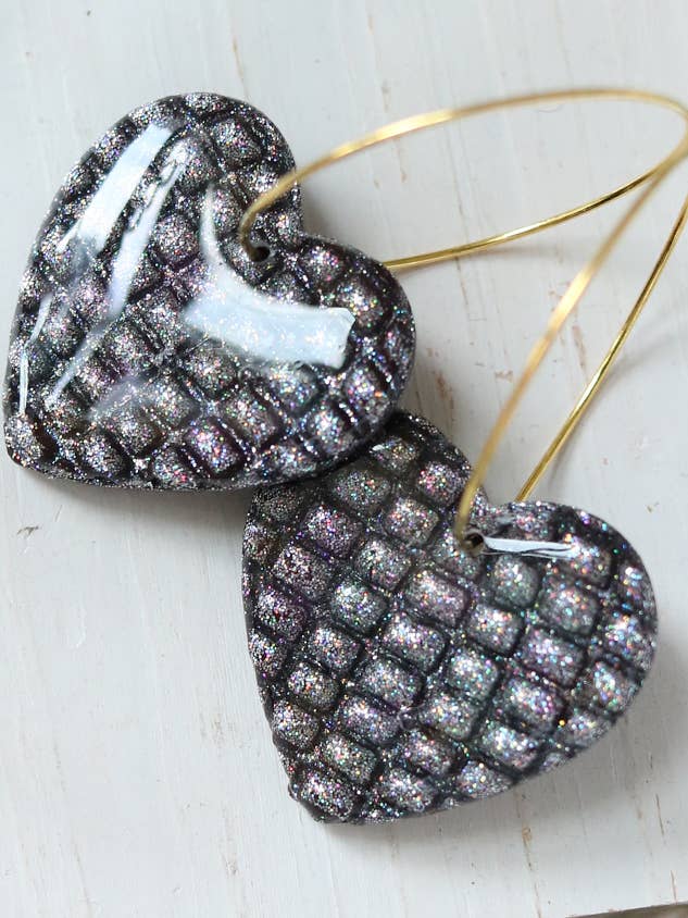 Disco Hearts Polymer Clay Holographic Earrings for wholesale by Petal & Posy