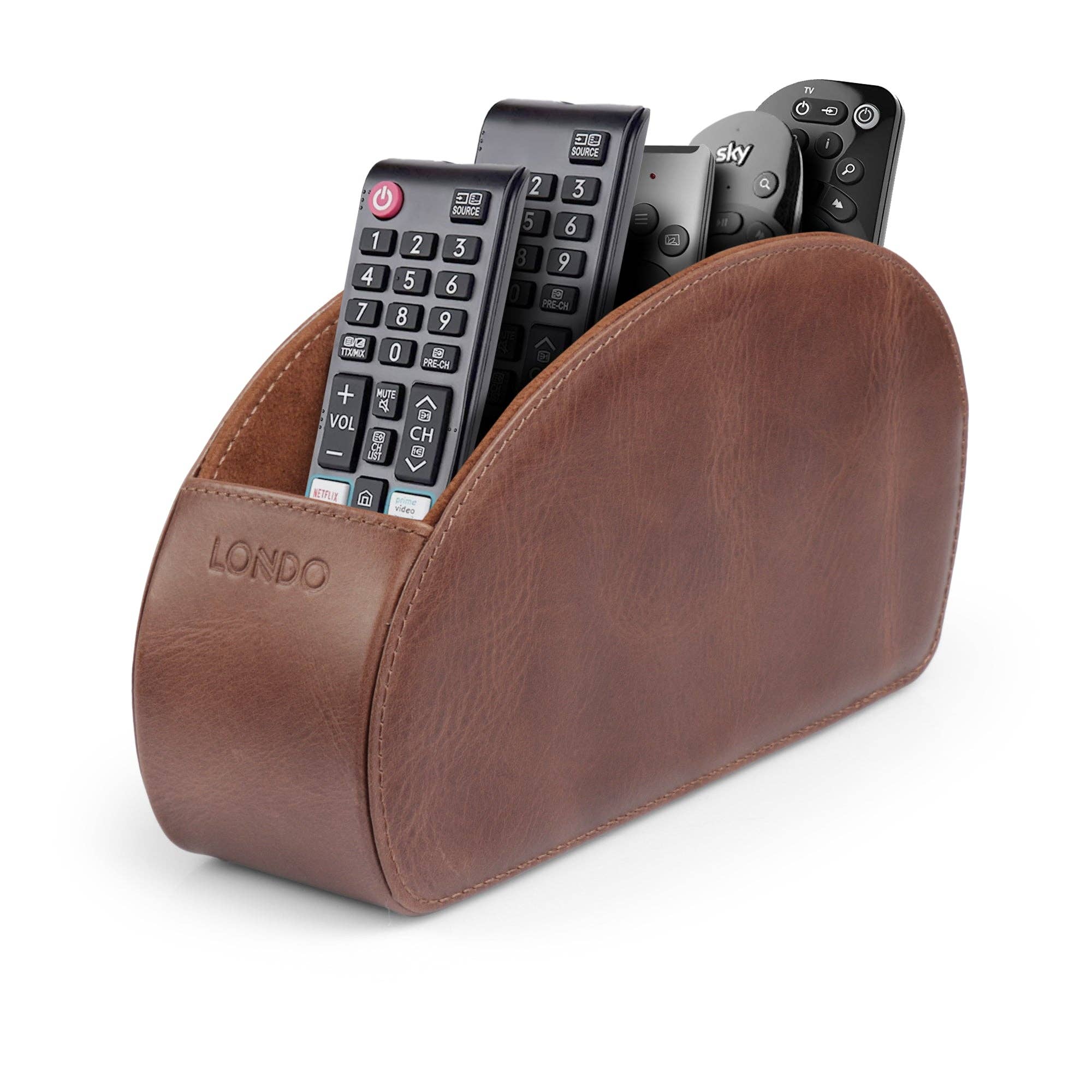 Londo - Wholesale Desk Organizer - Londo Remote Control Holder with 5 Pockets, Store DVD, Blu-Ray, TV, Roku or Apple TV Remotes, Italian Top Grain Leather with Suede Lining0