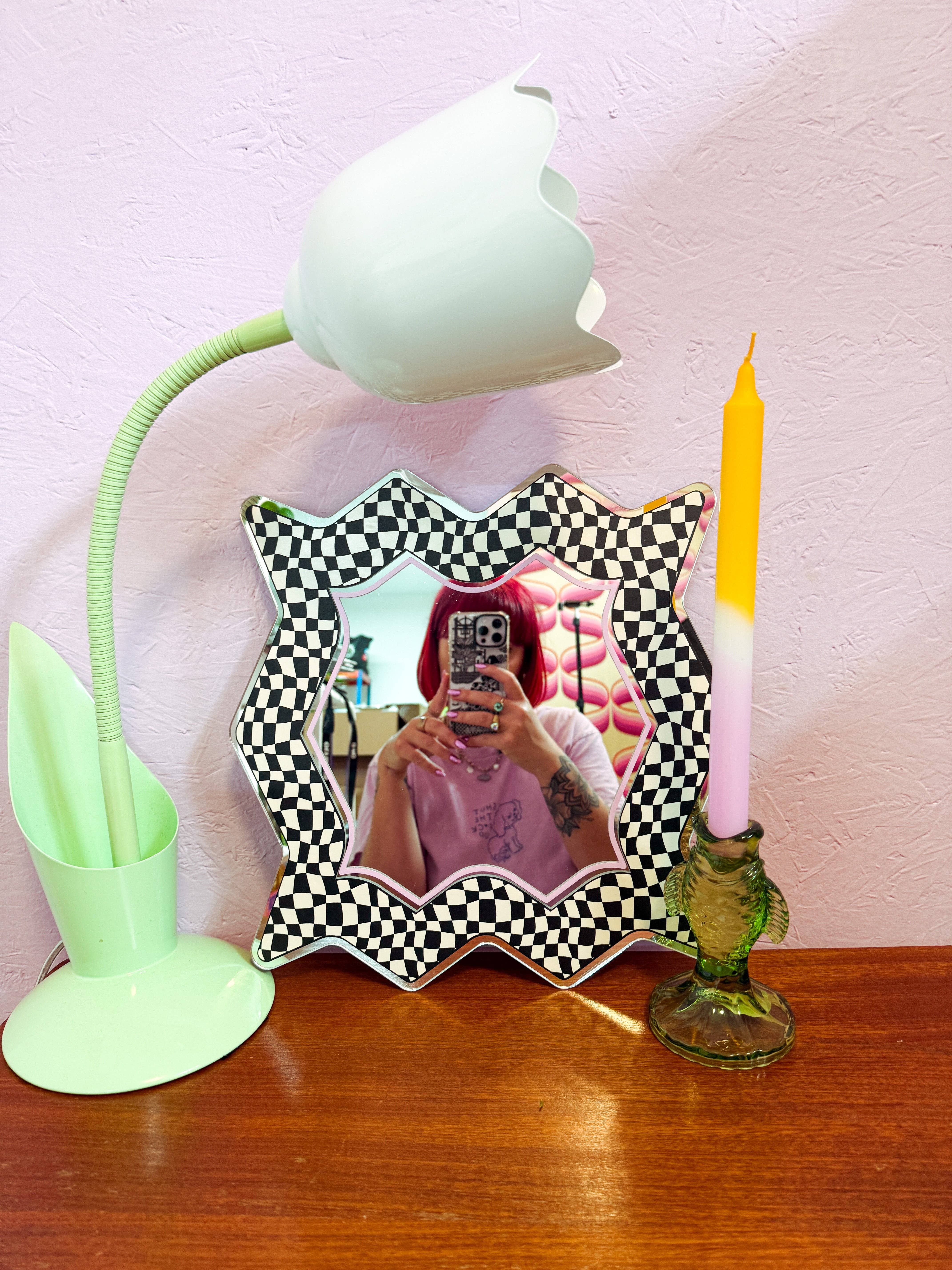 Printed Weird – wholesale Wall mirror – Spikey Checkerboard Mirror - Black/Cream/Pink2