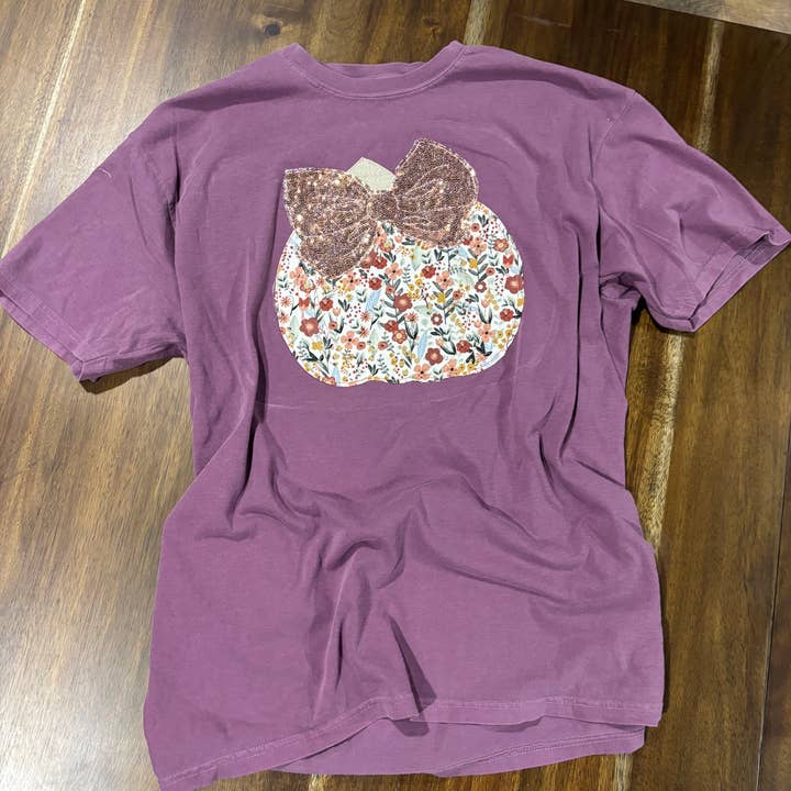 Embroidered Pumpkin Sequin Appliqué T-Shirt for wholesale by Chicken Scratch Design Co.