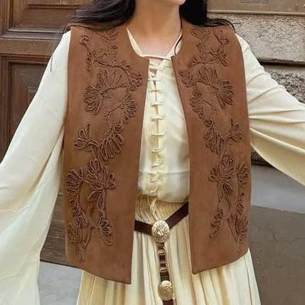 Rosa Clothing - Wholesale Outerwear Vest - Women's - Boho Suede Embroidered Vest Gilets11