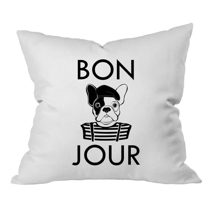 Bold Bonjour Bulldog Black Font 18x18 Inch Throw Pillow Cover for wholesale by Oh, Susannah