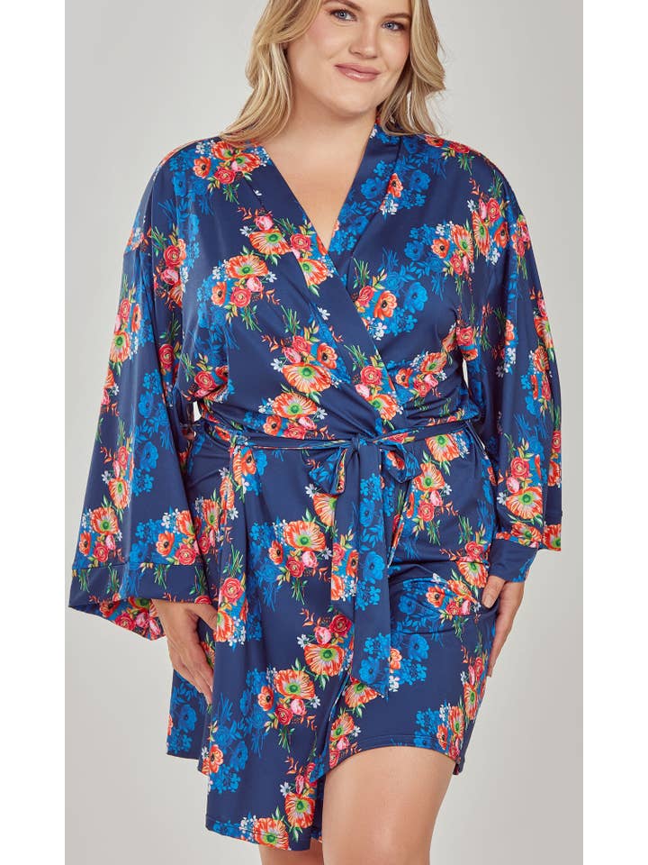 bleu Peignoir à nouer imprimé Elsia avec liens intérieurs en vente sur Faire10