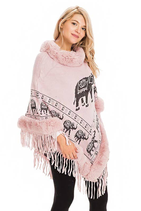 Cap Zone - Wholesale Poncho - Women's - Lucky Elephant Printed Fur Neckline Soft Cozy Poncho12