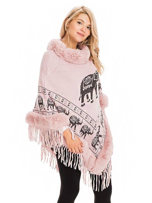 Cap Zone - Wholesale Poncho - Women's - Lucky Elephant Printed Fur Neckline Soft Cozy Poncho12