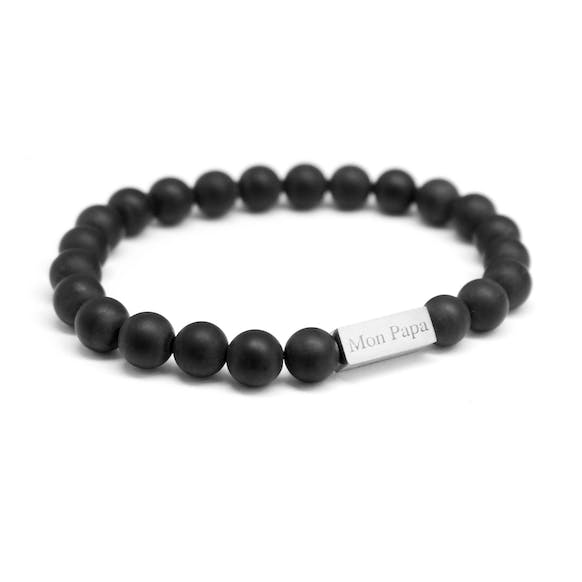 Matte Black Agate Beads Bracelet for Men Engraving My Dad for wholesale by Petits Trésors