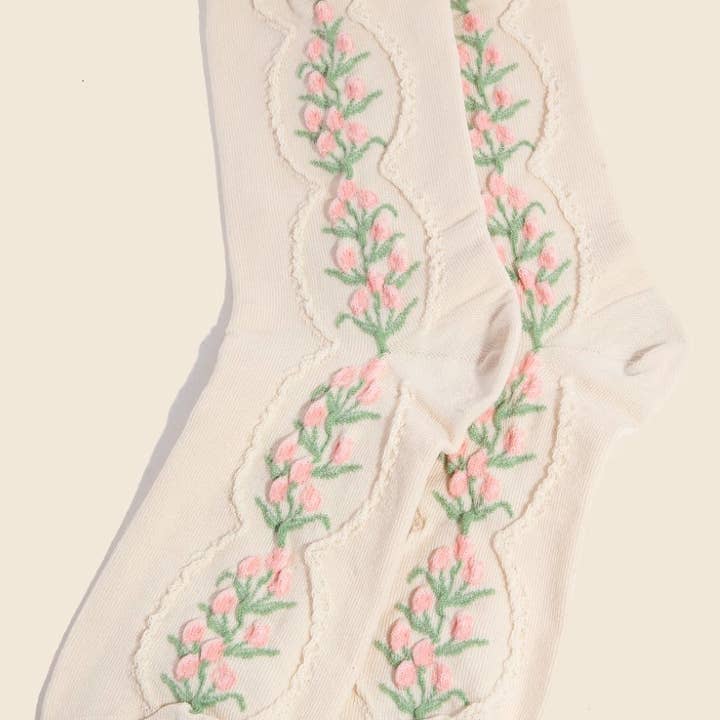 Beige Bloemen Tulp Wijnstok Geborduurde Sokken voor wholesale door Anarchy Street