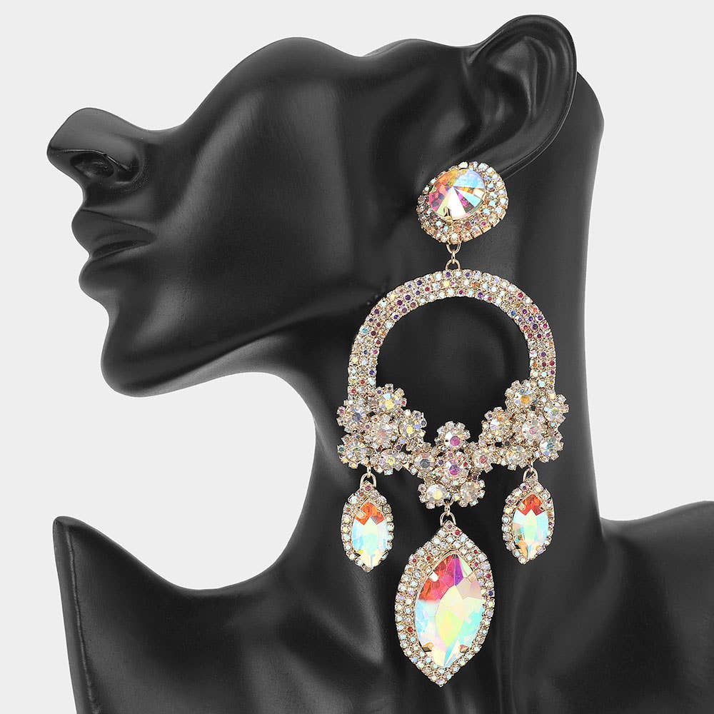 Sensibling Corp. – wholesale Dangle earrings – Oversized Rhinestone Paved Triple Flower Marquise Glass Stone Cluster Link Drop Chandelier Evening Earrings6