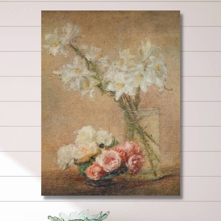 Lilies and Roses Floral Art Oil Reproduction on Canvas for wholesale by Olive Branch Farmhouse