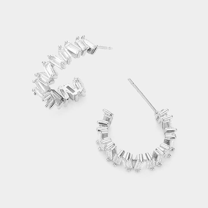 Wona Trading, Inc. - Wholesale Hoop Earrings - Baguette CZ Stone Hoop Evening Earrings
