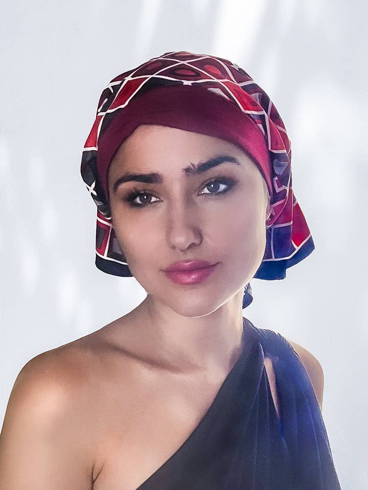 Retro Kerchief Headscarf ~Ruby Geometric for wholesale by LuxCare Clothing