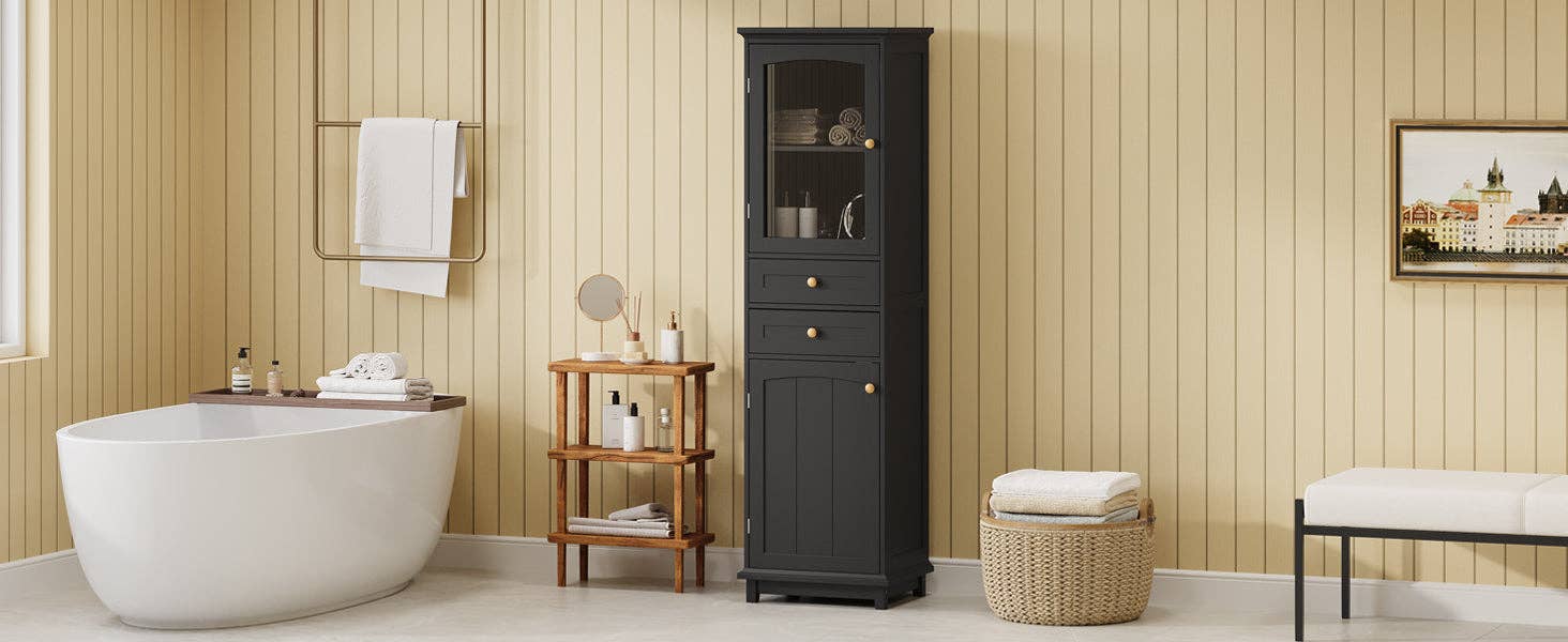 Orange County Decor - Wholesale Cabinet - 63" Tall Bathroom Storage Cabinet With Glass Doors, Free Standing, Two Drawers, And Adjustable Shelves, Mdf Board, Painted Black Perfect For Displaying Your Favorite Items 2 Black 2 4 Adjustable23