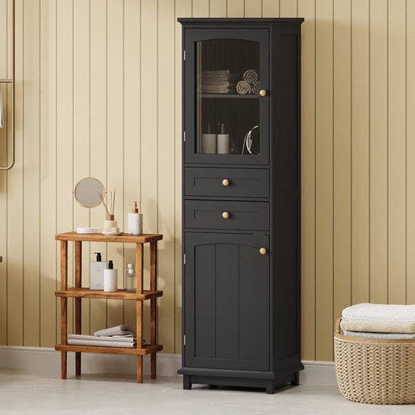Orange County Decor - Wholesale Cabinet - 63" Tall Bathroom Storage Cabinet With Glass Doors, Free Standing, Two Drawers, And Adjustable Shelves, Mdf Board, Painted Black Perfect For Displaying Your Favorite Items 2 Black 2 4 Adjustable23