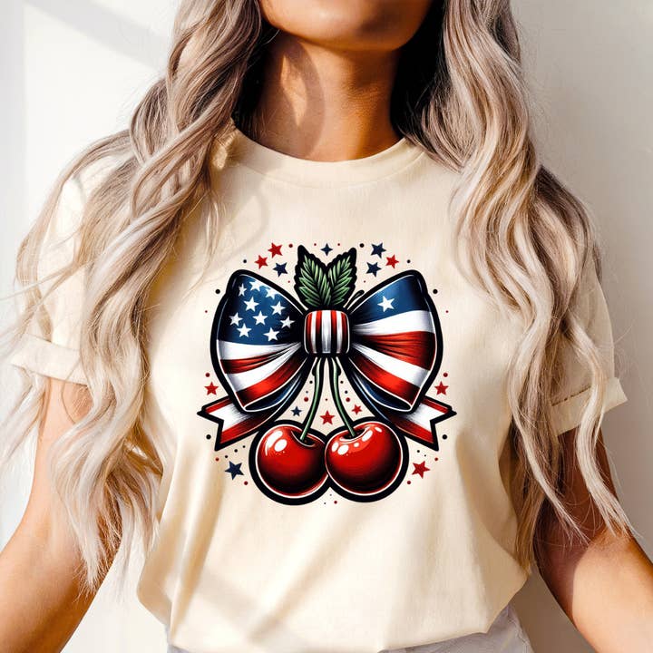 USA Cherries 4th of July Graphic Tee for wholesale by Happy Mail Wholesale