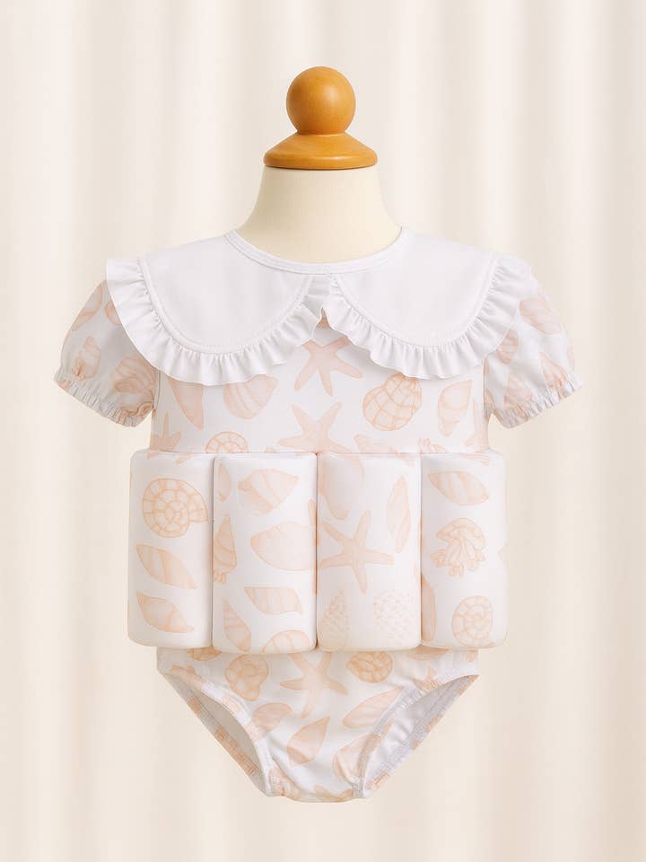 Kids Float Swimwear - Cove Seashells - Pink Frill for wholesale by Little Soleil
