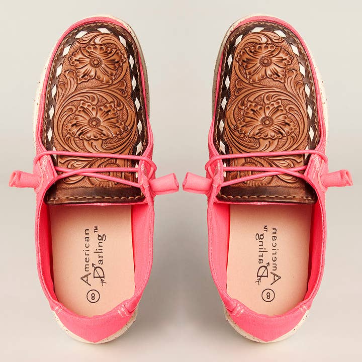 LC-ADFT133NEPK4 Women's Tooled Leather Canvas Loafers - Pink Slip-On with Dark Brown Floral Top for wholesale by LS Western