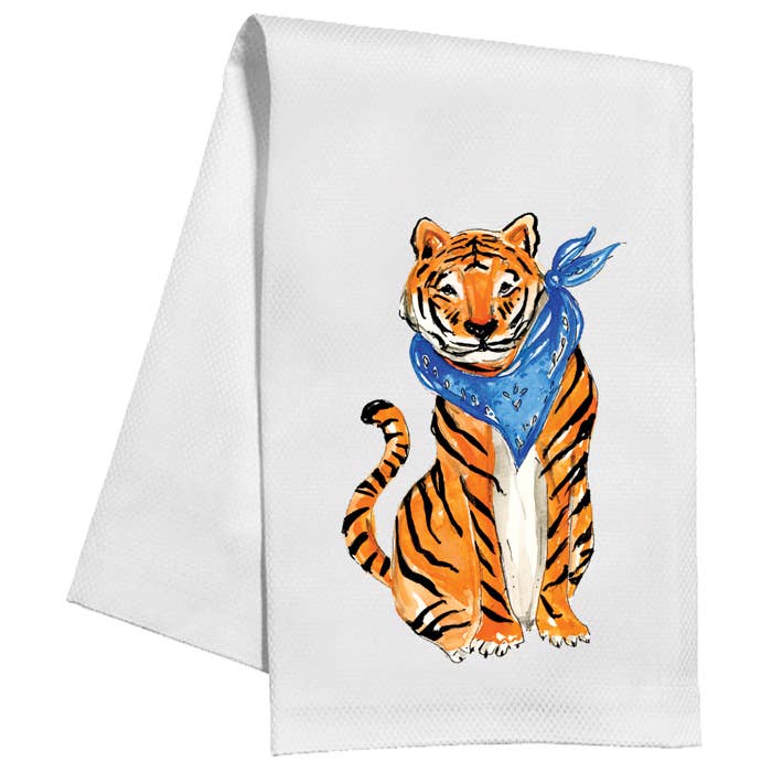 RosanneBeck Collections – Großhandel Geschirrtücher – Handbemaltes Küchentuch Tiger mit blauem Halstuch