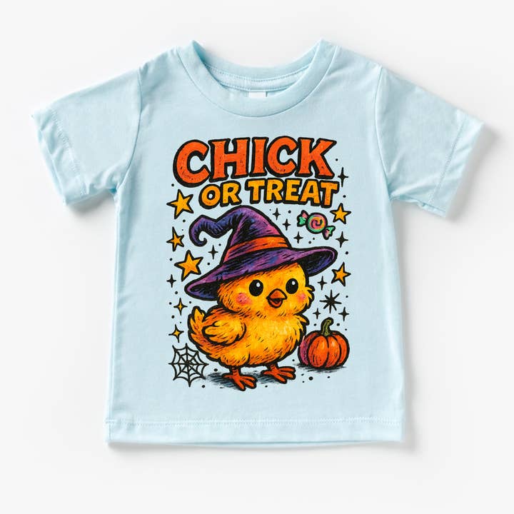 Madi Moosh - Wholesale Screen Printed T-Shirt - Kids - Chick Or Treat Chicken Halloween Shirt - Halloween Tee