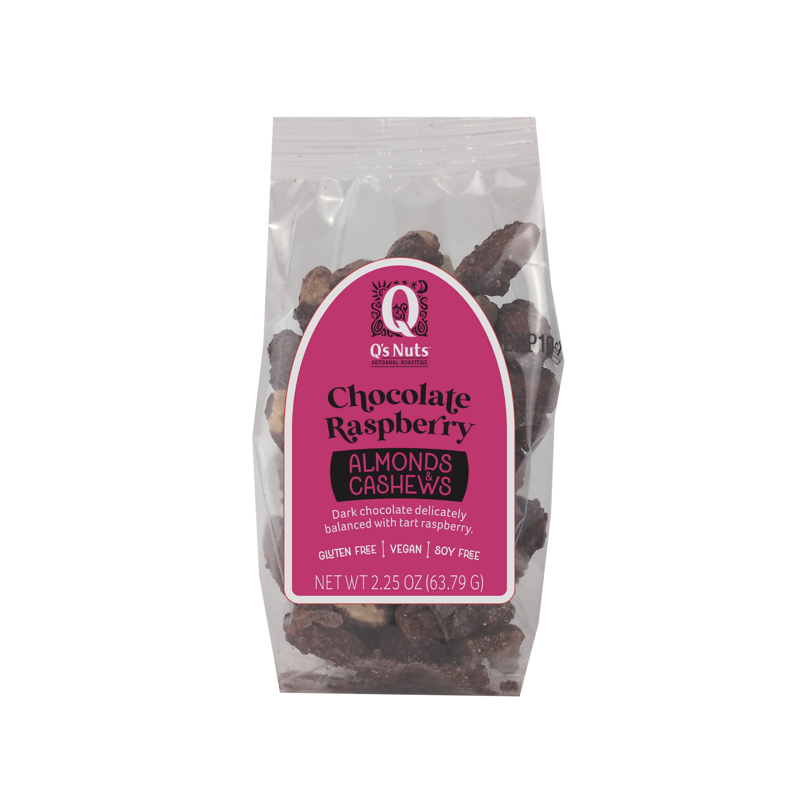 Q's Nuts, LLC - Wholesale Chocolate Covered Sweets - 2.25 oz Chocolate Raspberry Almond and Cashew Mix