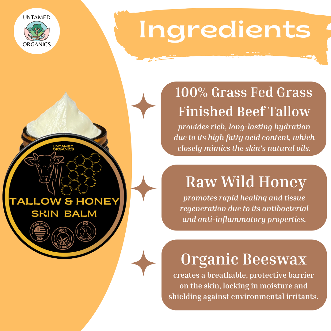 Untamed Organics - Wholesale Body Balm/Butter - Grass-Fed Tallow & Wild Honey Skin Balm | 2 oz Glass Jar1