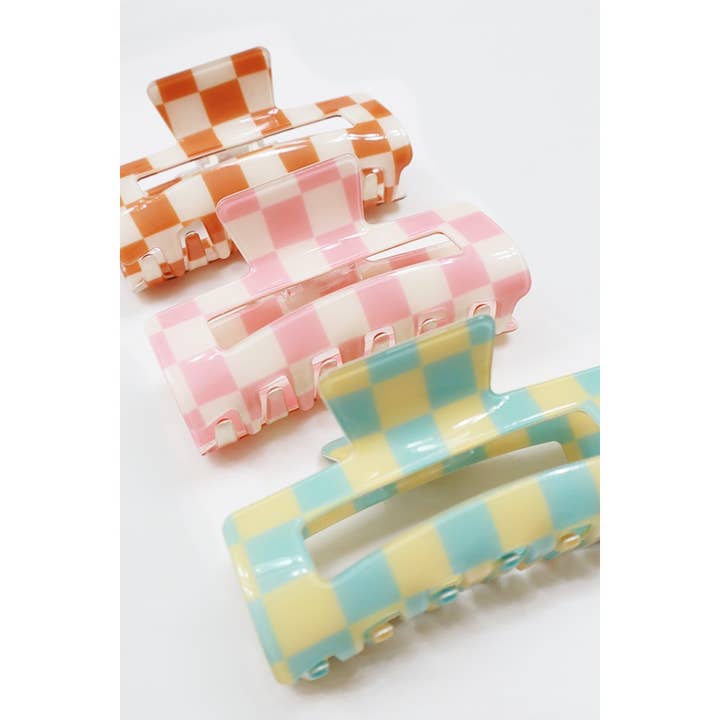 MIX COLOR Checker Pattern Rectangle Medium Size Hair Claw for wholesale on Faire