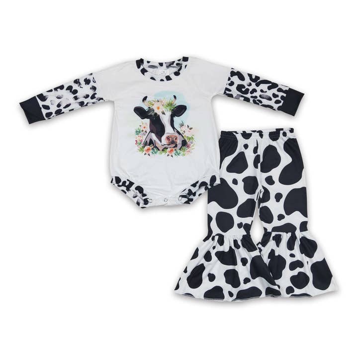 Long sleeves cow romper match bell bottom pants baby girls outfits for wholesale by Yawoo Garments