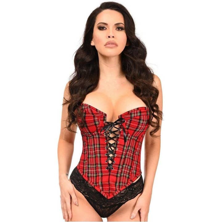 Top Drawer Red Plaid Steel Boned Lace-Up Bustier for wholesale by Daisy Corsets