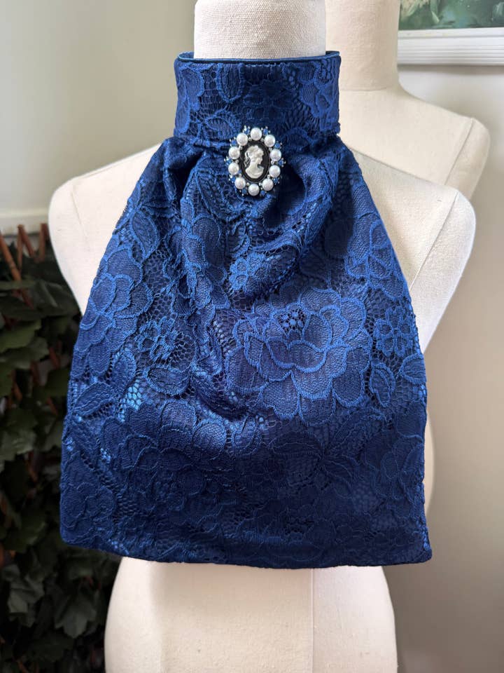 HHD Dressage Euro Stock Tie ‘Helena’ in Navy Blue Lace for wholesale by Heavenly Horse Designs